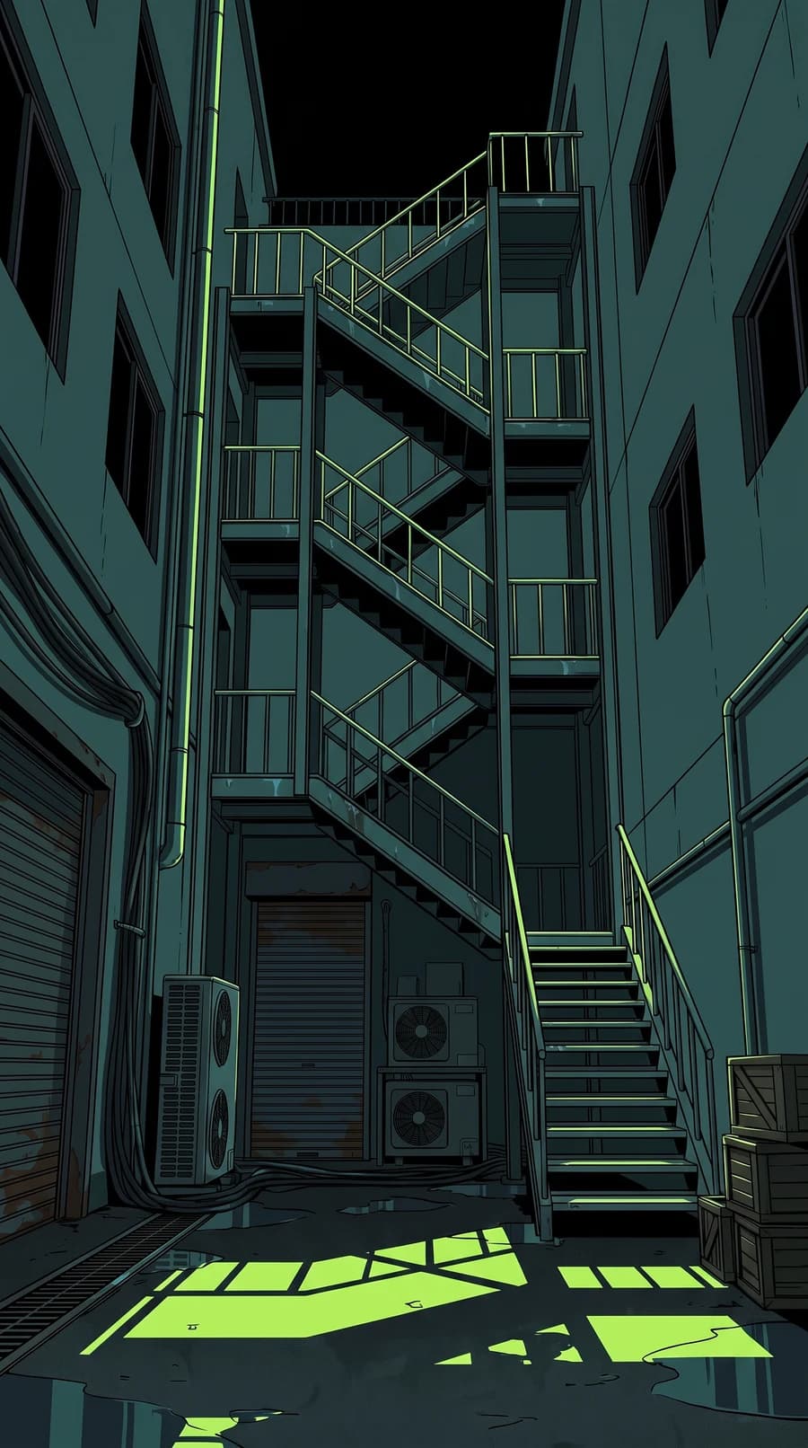 A fire escape in an alley lit acid green